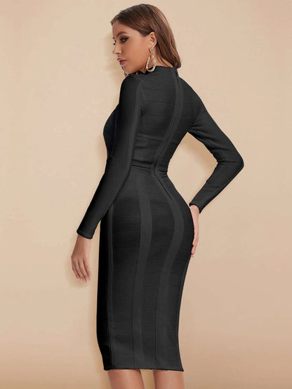 Cut-Out Long Sleeves Party Bandage Clubwear Midi Dress-Black aclosy