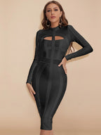 Cut-Out Long Sleeves Party Bandage Clubwear Midi Dress aclosy