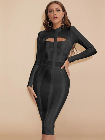 Cut-Out Long Sleeves Party Bandage Clubwear Midi Dress-Black aclosy