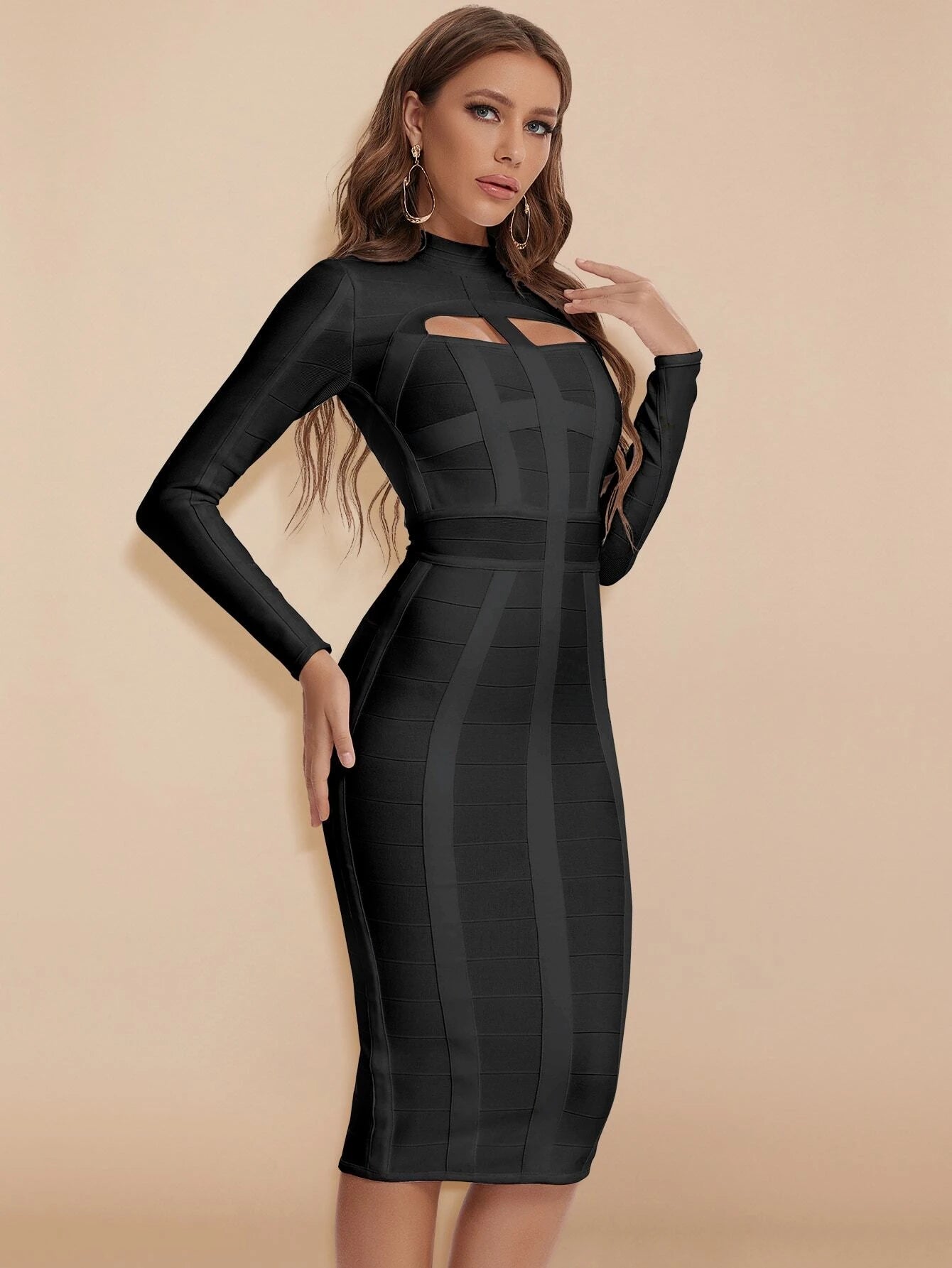 Cut-Out Long Sleeves Party Bandage Clubwear Midi Dress aclosy
