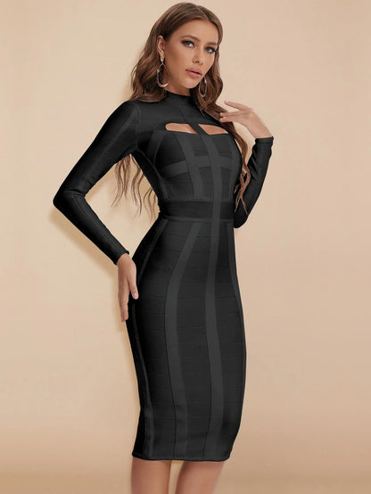 Cut-Out Long Sleeves Party Bandage Clubwear Midi Dress-Black aclosy