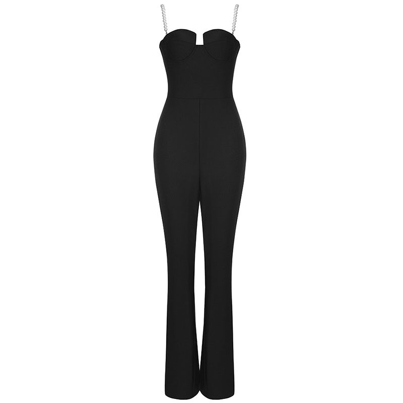 Fashion Women's Pearl Sling Crinkle Waist Wide Leg Jumpsuit Aclosy