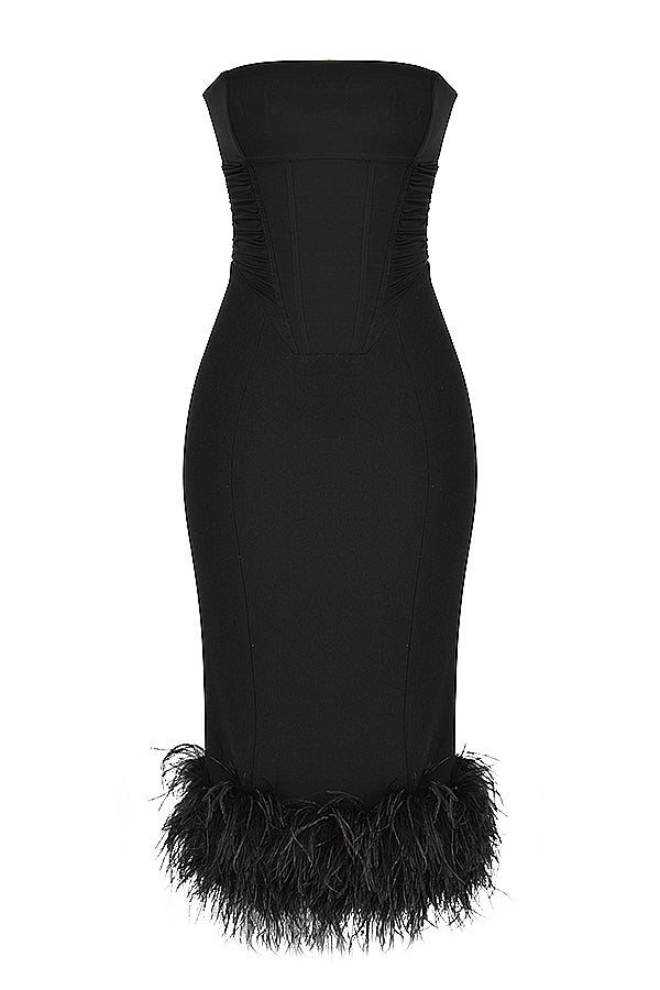 FUR BLACK STRAPLESS CORSET DRESS aclosy
