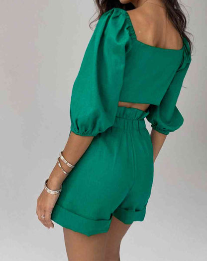 Cutout Puff Sleeve Top and Shorts Set Trendsi