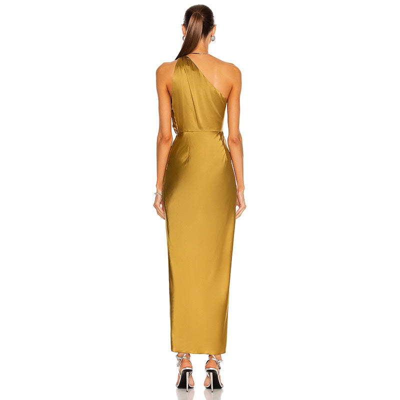 Women's Solid Color Slanted Shoulder Irregular Long Dress ACLOSY