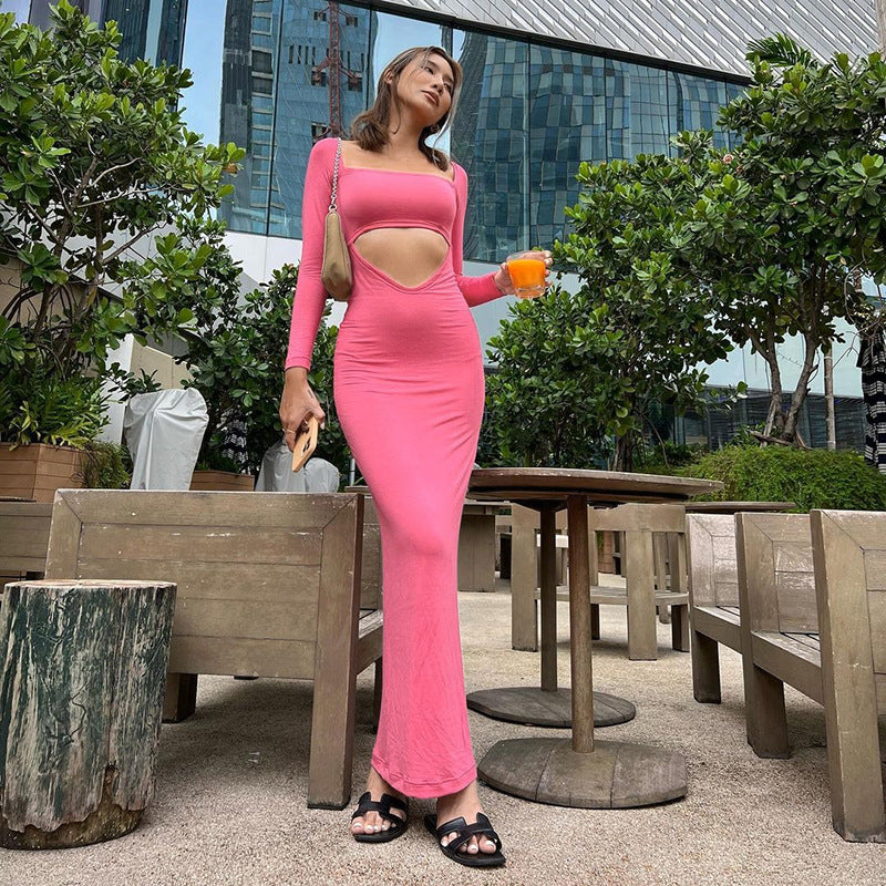 Solid Color Casual Cutout Long Sleeve Slim Fit Long Dress aclosy