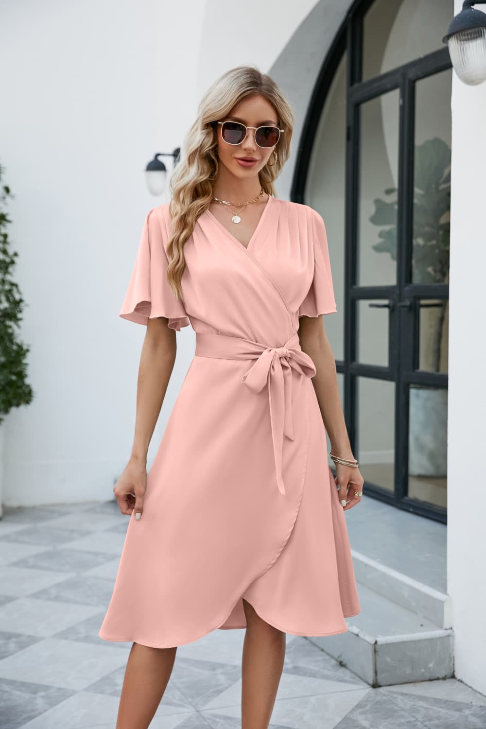 Tie Waist Flutter Sleeve Surplice Dress Trendsi