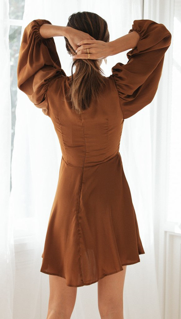 Lantern Sleeve Long Sleeve V Neck Tie Ruffle Dress ACLOSY