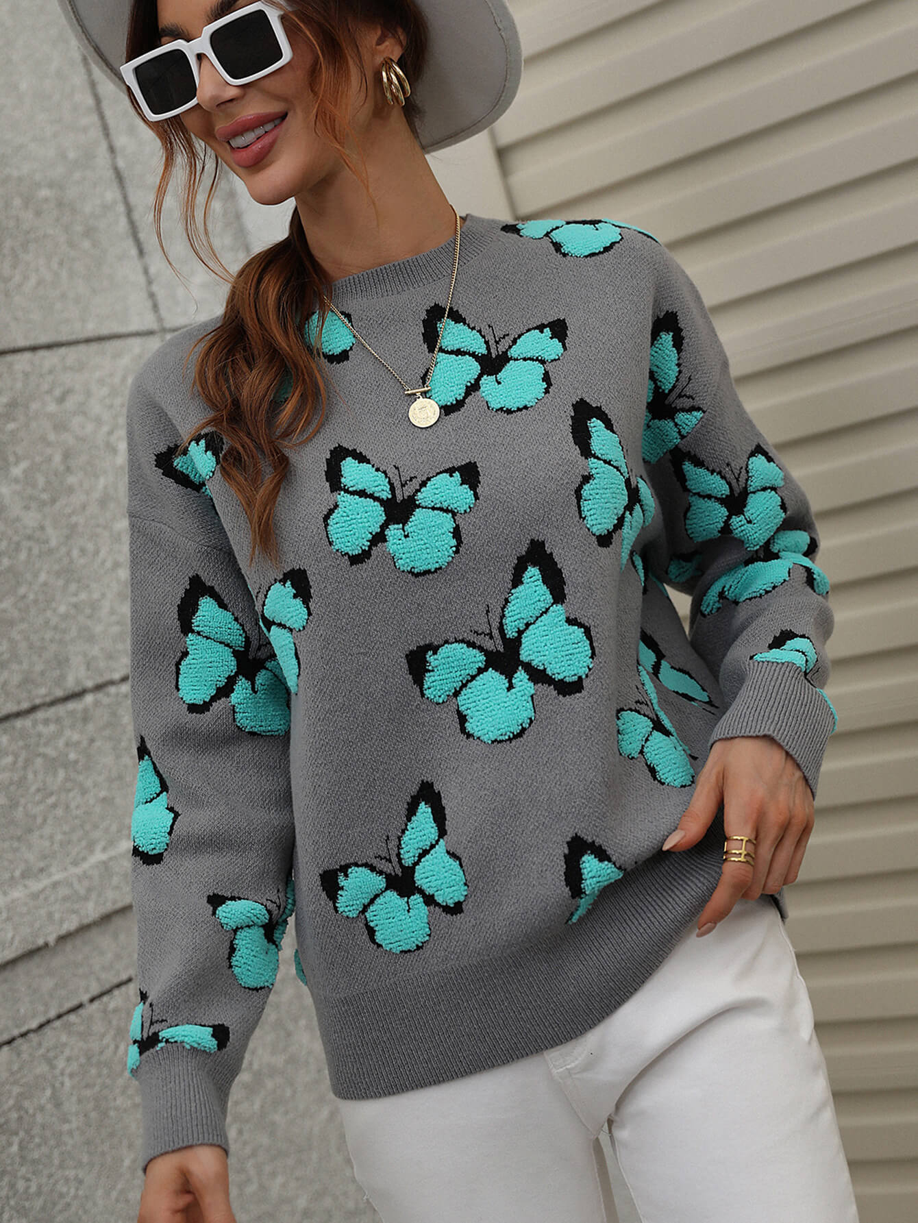 Butterfly Dropped Shoulder Crewneck Sweater Trendsi