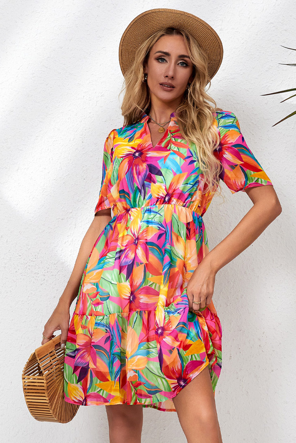 Floral Notched Neck Short Sleeve Dress Trendsi