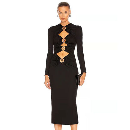 Ruched Column Long Sleeve Midi Dress-Black aclosy