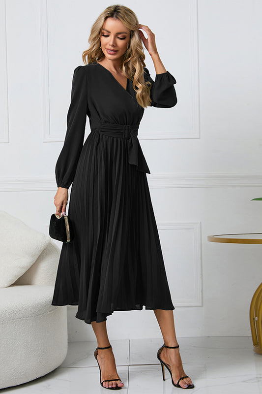 V-Neck Long Sleeve Tie Waist Midi Dress Trendsi