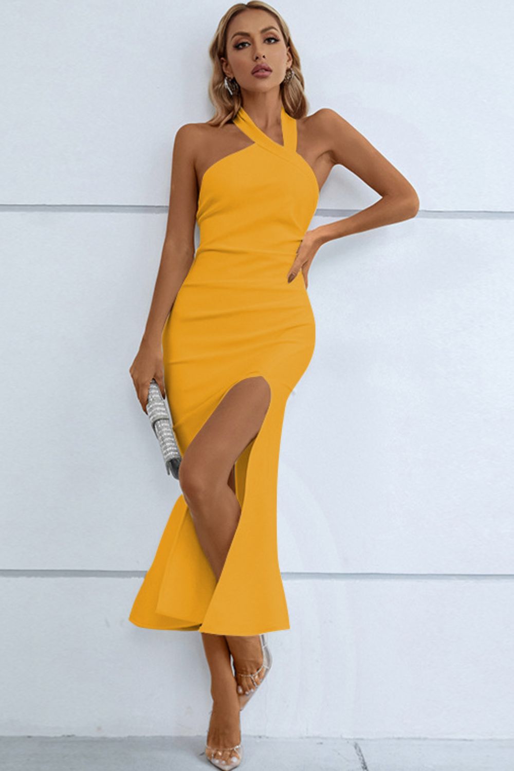 Halter Neck Split Fishtail Bodycon Dress Trendsi