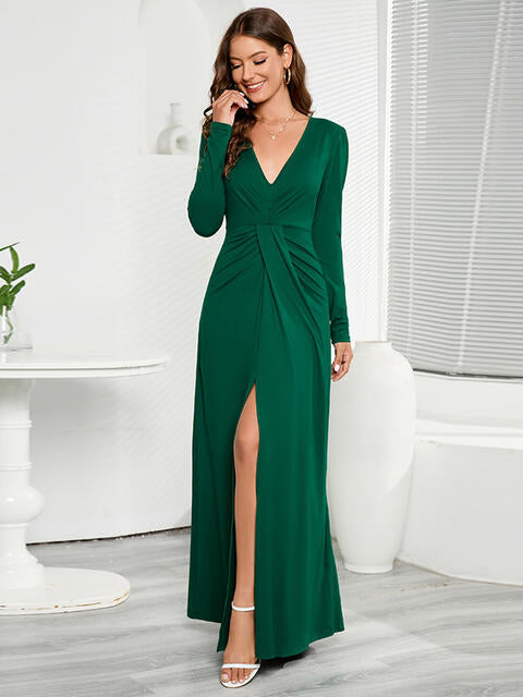 V-Neck Long Sleeve Split Dress Trendsi