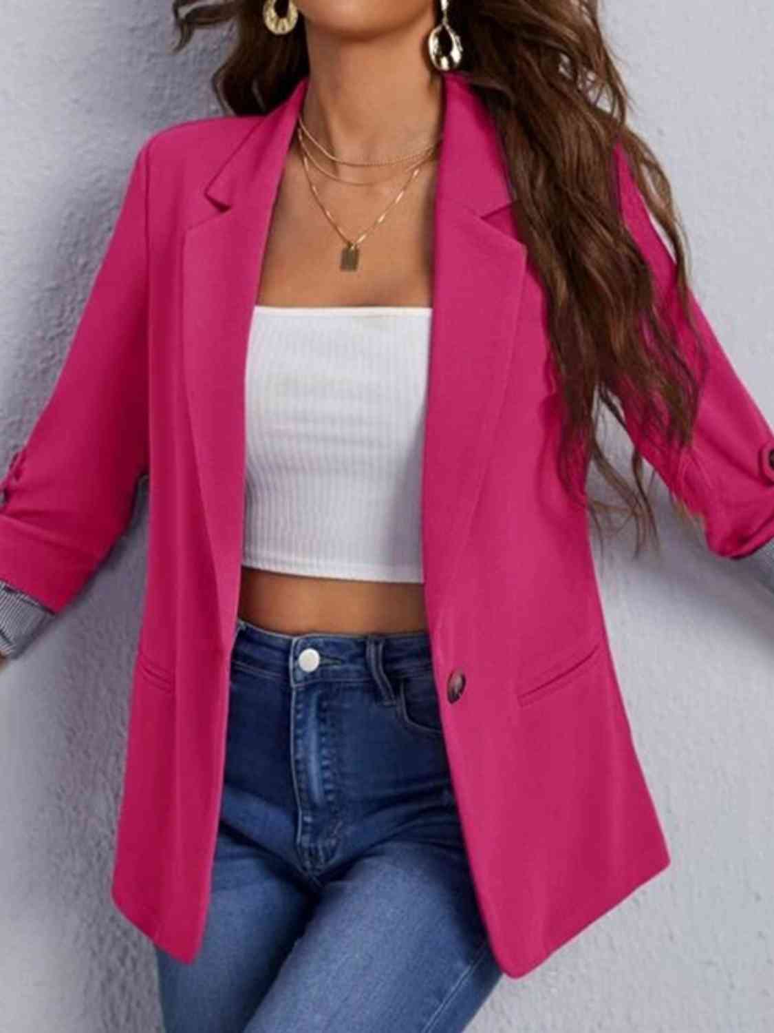 Lapel Collar Roll-Tab Sleeve Blazer Trendsi
