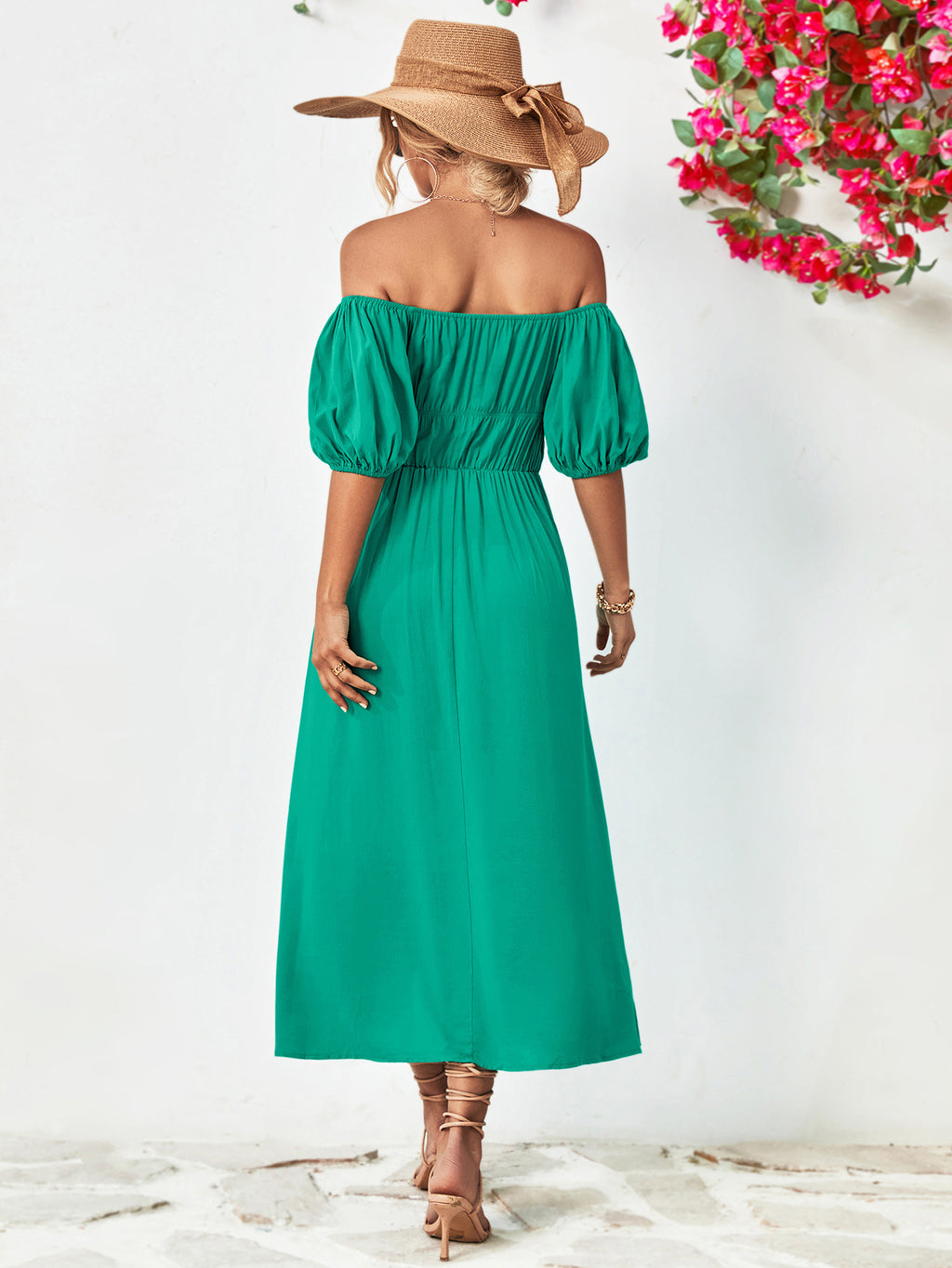 Off-Shoulder Balloon Sleeve Midi Dress Trendsi