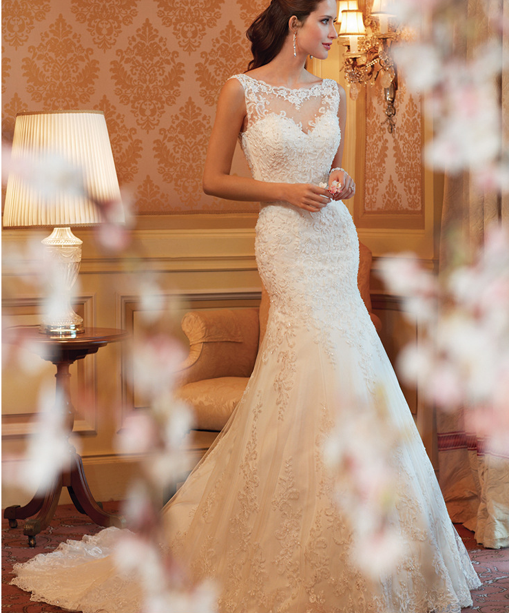 Fishtail Wedding Dress Sleeveless Lace Evening Dress aclosy