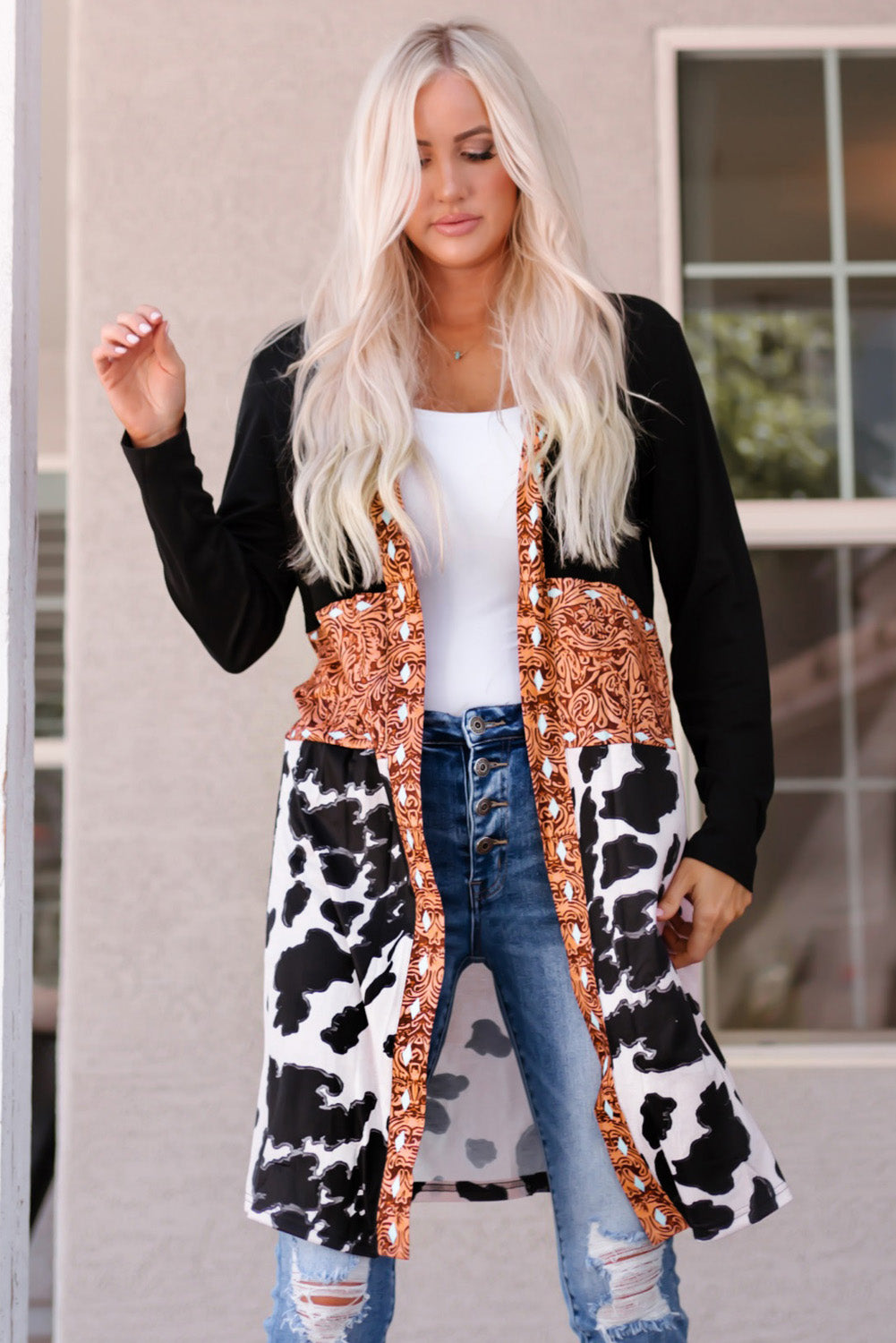 Printed Color Block Open Front Cardigan Trendsi