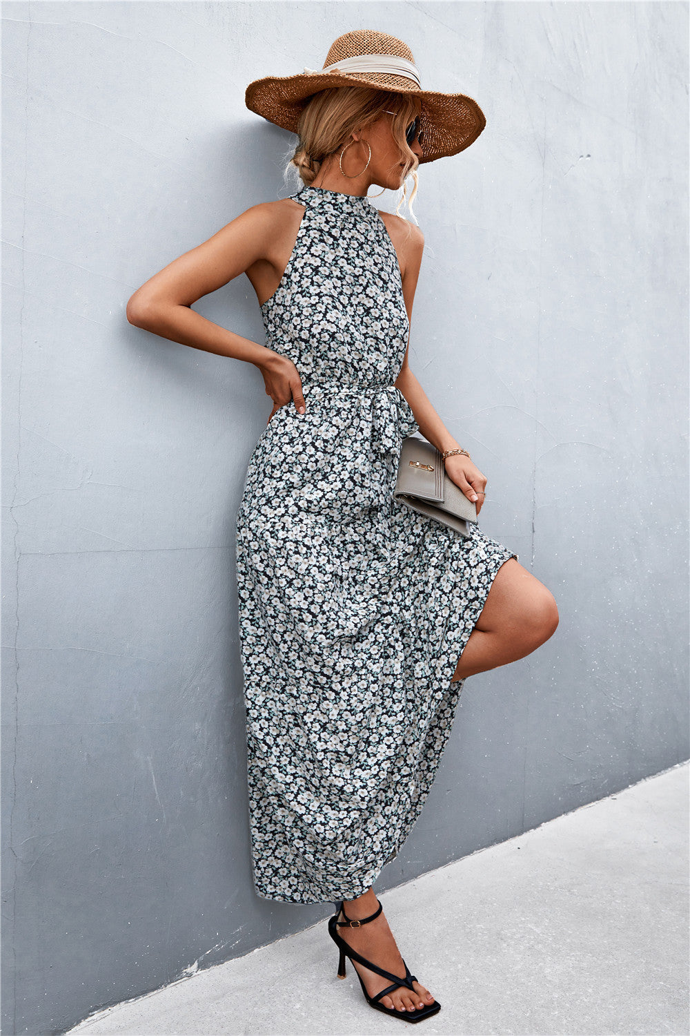 Printed Sleeveless Tie Waist Maxi Dress Trendsi