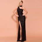 Split sequined banquet dress aclosy