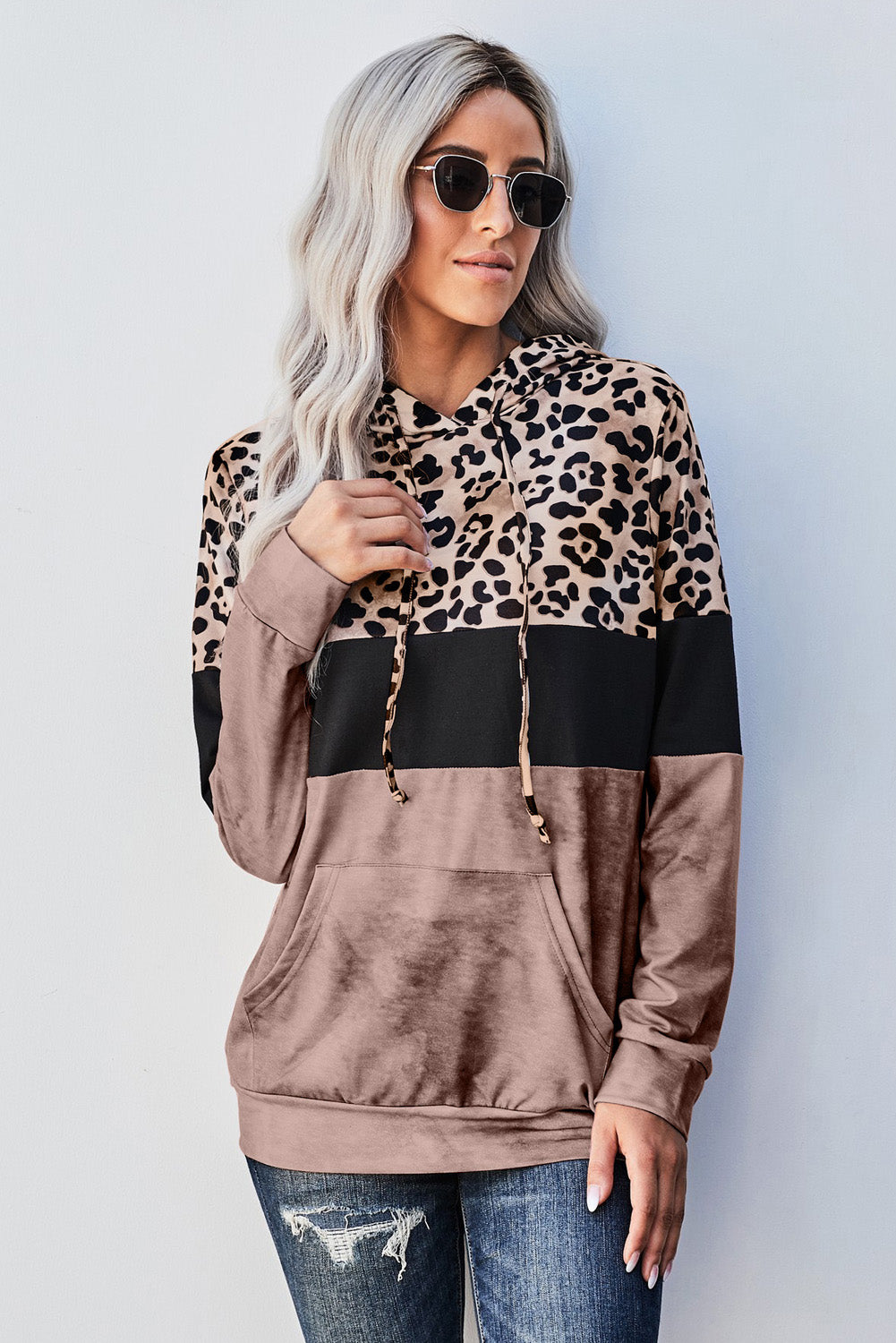 Leopard Color Block Hoodie Trendsi