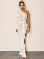 Openwork One-Shoulder Belted Split Dress-White aclosy