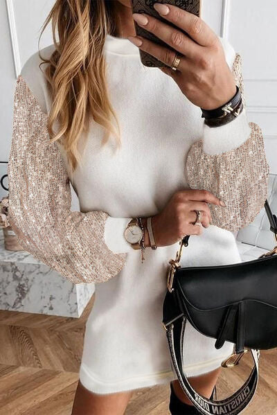 Sequin Long Sleeve Round Neck Mini Dress Trendsi