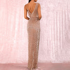 Solid Color Asymmetrical Sequin Slit Party Dress aclosy