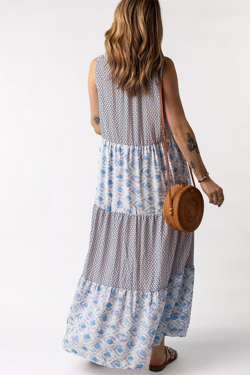 Mixed Print Tie-Neck Sleeveless Maxi Dress Trendsi