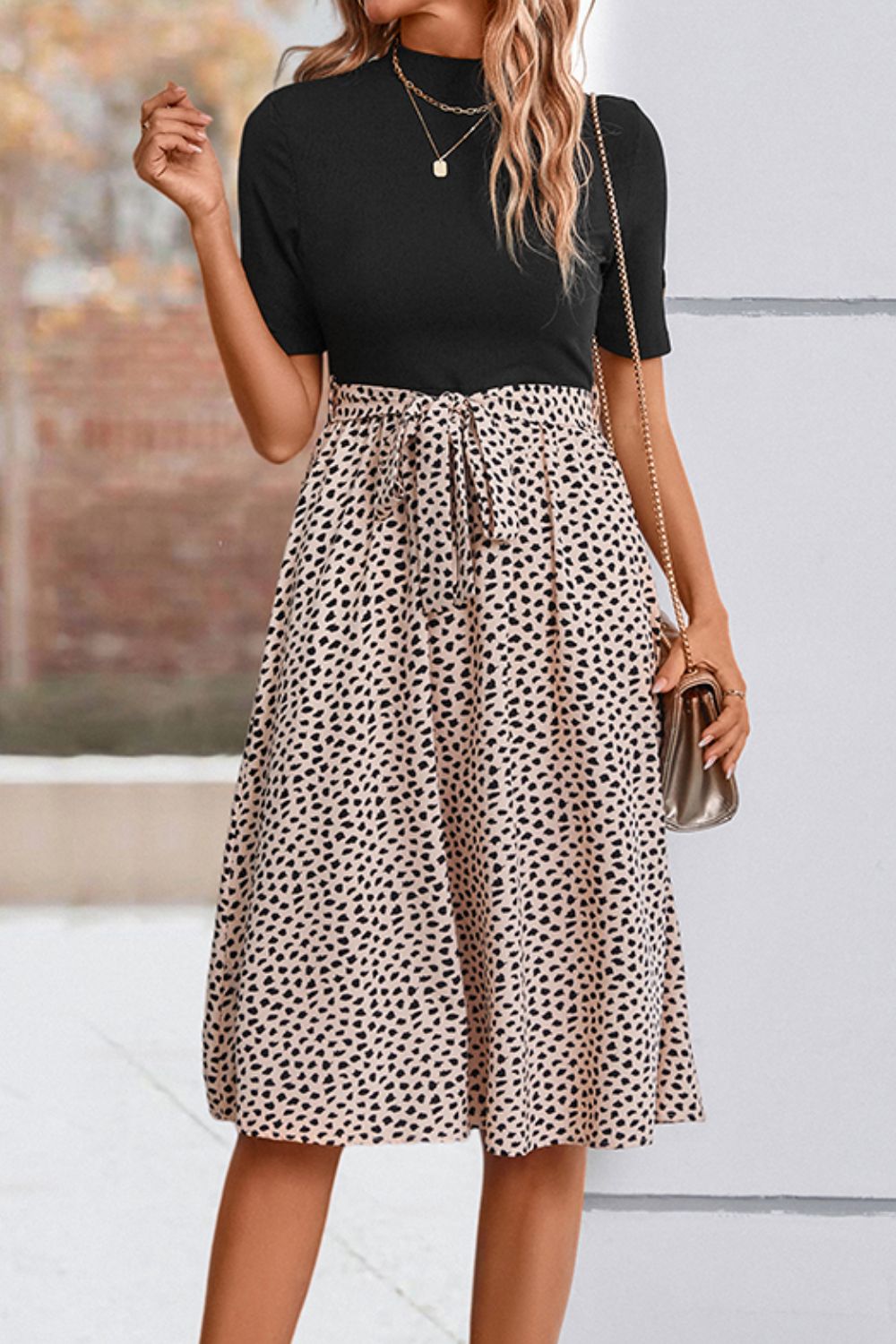 Printed Short Sleeve Belted Dress Trendsi