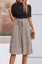 Printed Short Sleeve Belted Dress Trendsi