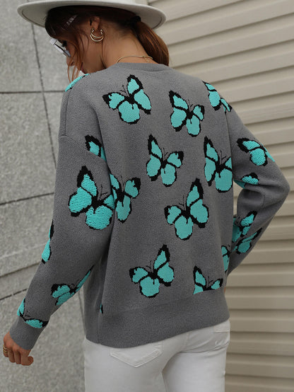 Butterfly Dropped Shoulder Crewneck Sweater Trendsi