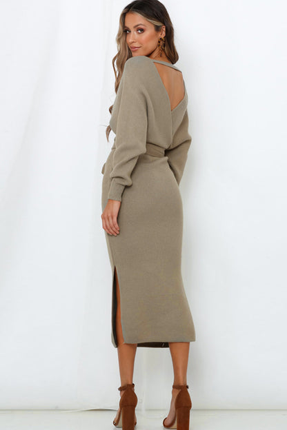 Surplice Neck Bow Waist Slit Sweater Dress Trendsi