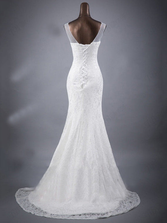 Lace slim and thin double shoulder tail wedding dress aclosy