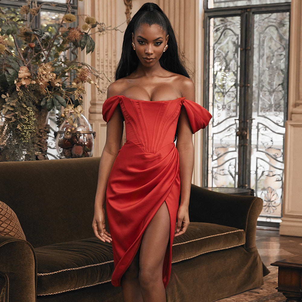 Alyia Satin Off Shoulder Dress aclosy