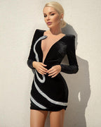 Black Diamond-encrusted Long-sleeved Bandage Skirt Dress aclosy
