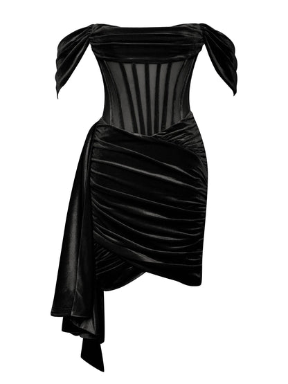 Off shoulder corset Dress-Velvet-Black aclosy