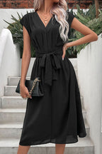 Tie Belt V-Neck Pleated Dress Trendsi