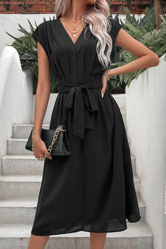 Tie Belt V-Neck Pleated Dress Trendsi