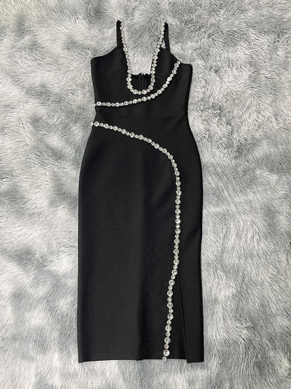 Rhinestone Strap Double Shoulder Bandage Dress-Black aclosy