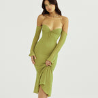 Ladies White Halter Tie One Shoulder Long Sleeve Dress aclosy