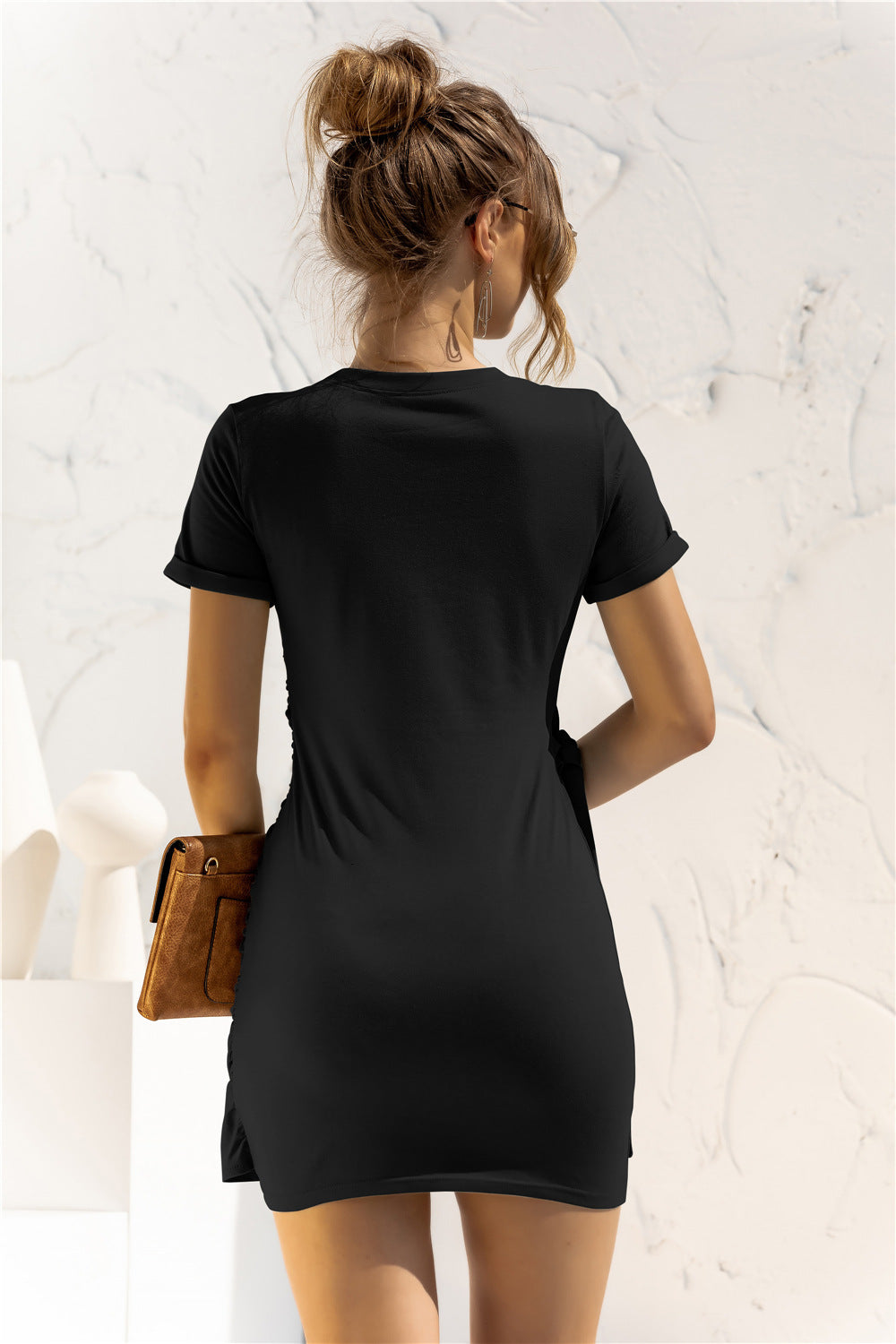 Round Neck Cuffed Sleeve Side Tie Dress Trendsi
