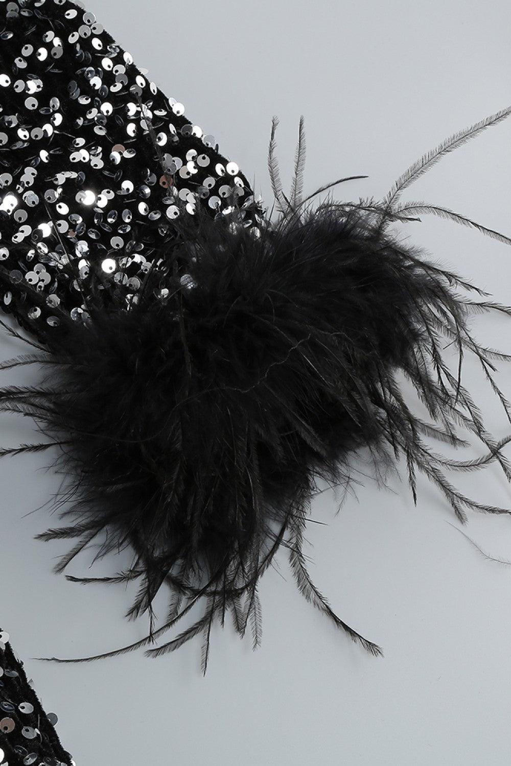 Sequin Round Neck Feather Trim Slit Dress-Black Trendsi