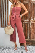 Decorative Button Strapless Smocked Jumpsuit with Pockets Trendsi