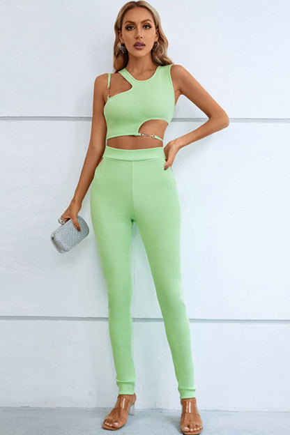 Asymmetrical Ribbed Cutout Tank and Pants Set Trendsi