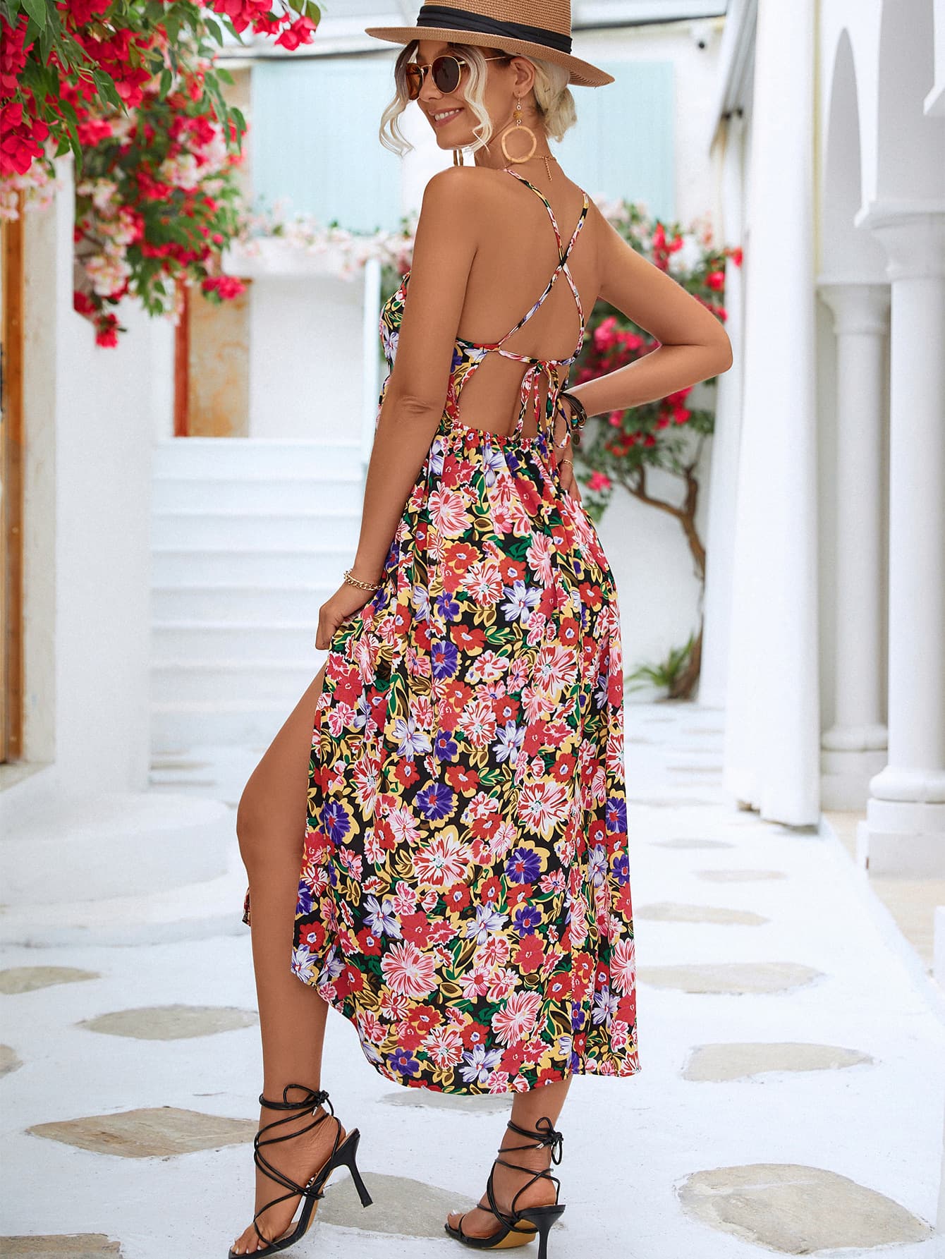 Floral Crisscross Backless Split Dress Trendsi