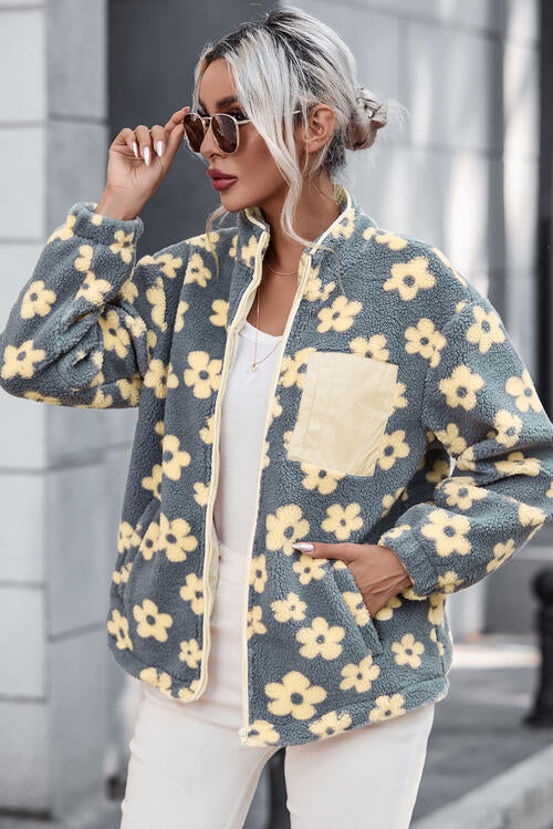 Pocketed Floral Mock Neck Jacket Trendsi