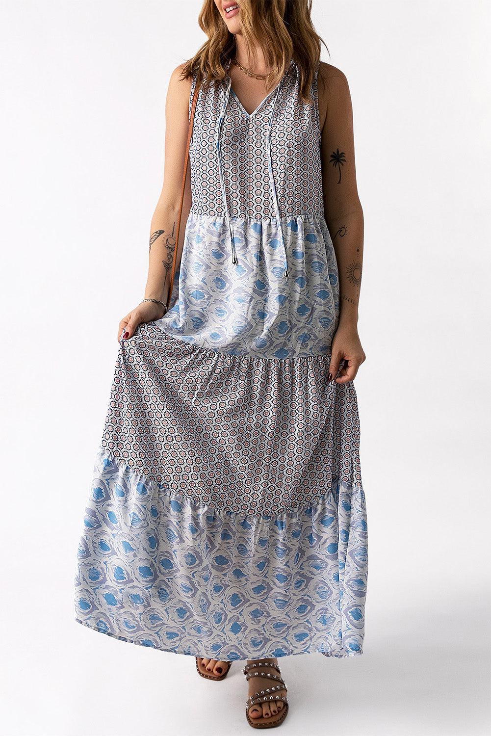 Mixed Print Tie-Neck Sleeveless Maxi Dress Trendsi