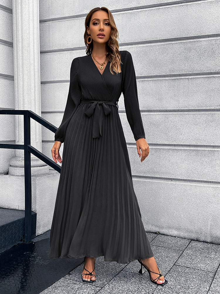 V-Neck Tie Waist Pleated Maxi Dress Trendsi