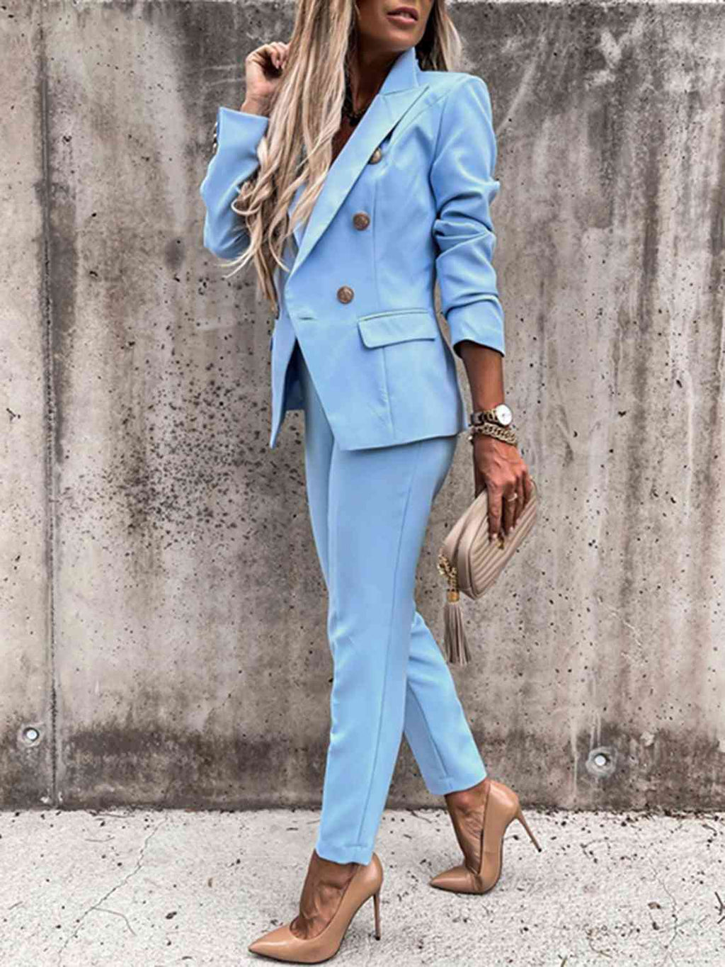 Lapel Collar Long Sleeve Blazer and Pants Set Trendsi